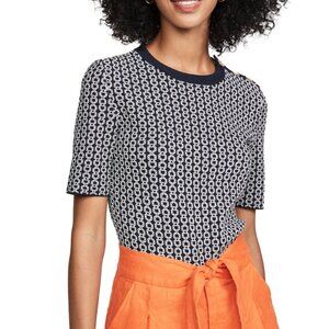 Tory Burch Gemini Link Jacquard Knit Short Sleeve Sweater Navy Ivory Size S